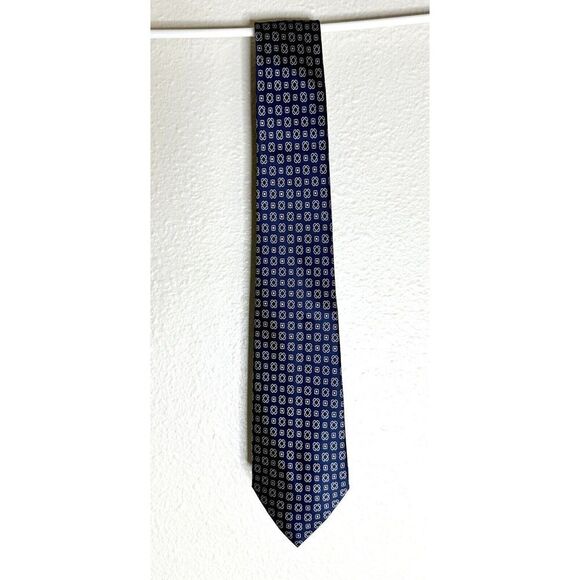 Stefano Ricci Hand Printed Silk Neck Tie - Navy Blue + White - Geometric